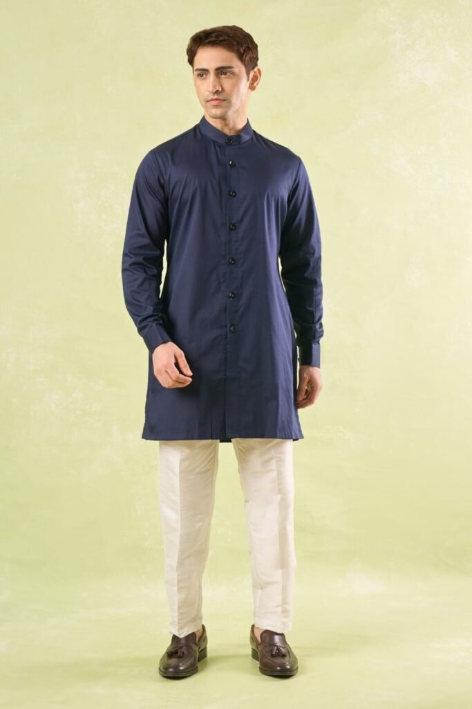 Navy Blue Running Stitch Kurta-Bund