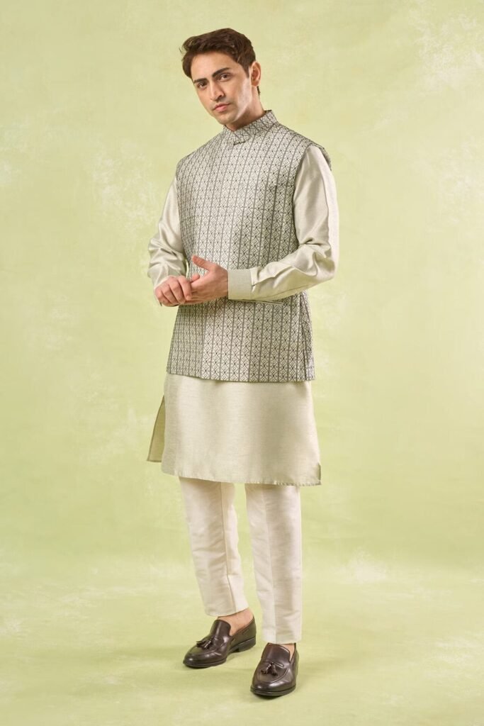 Beige Embroidered Kurta-Bundi Set