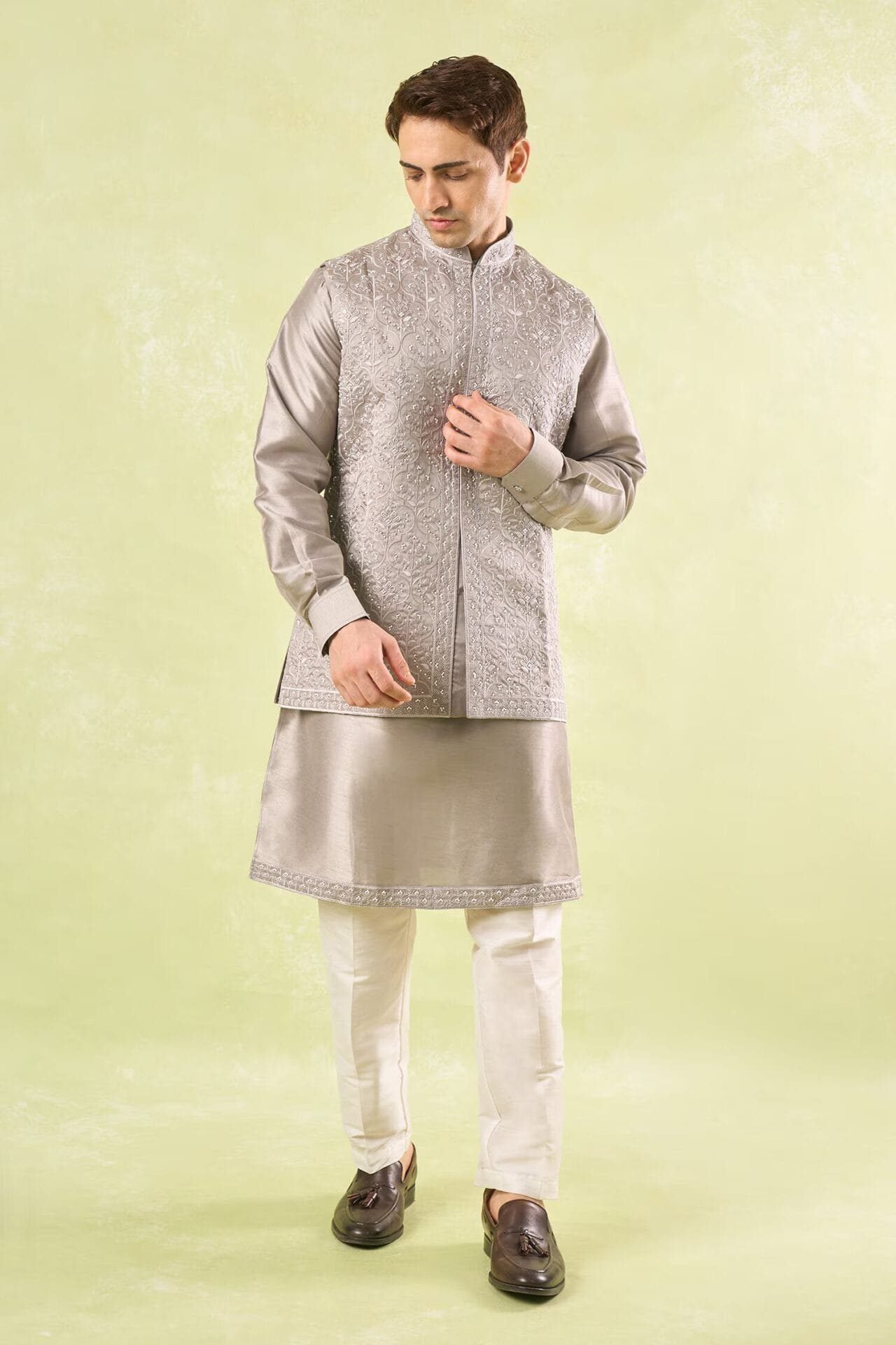 Grey Embroidered Kurta-Bundi Set