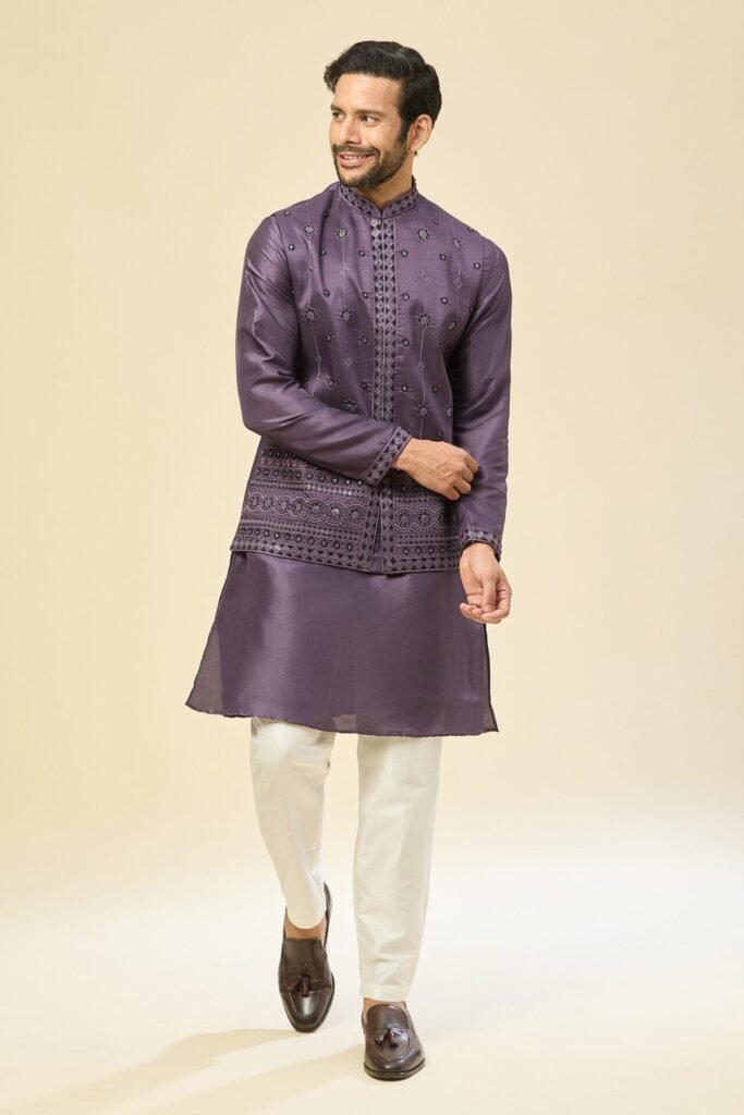 Purple Embroidered Kurta-Jacket Set