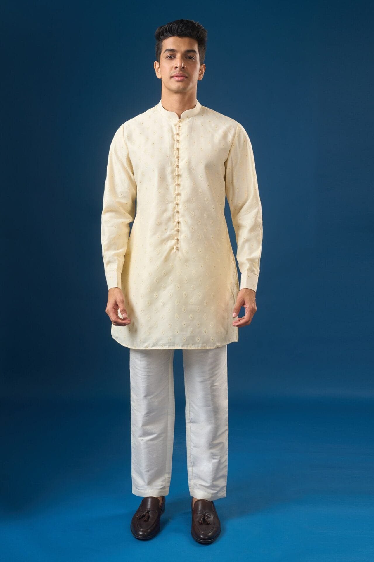 Cream Brocade Kurta-Bundi Set