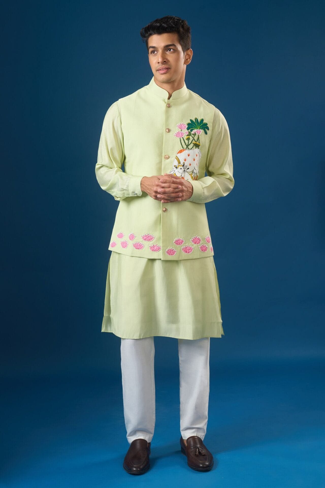 Pista Green Embroidered Kurta-Bundi