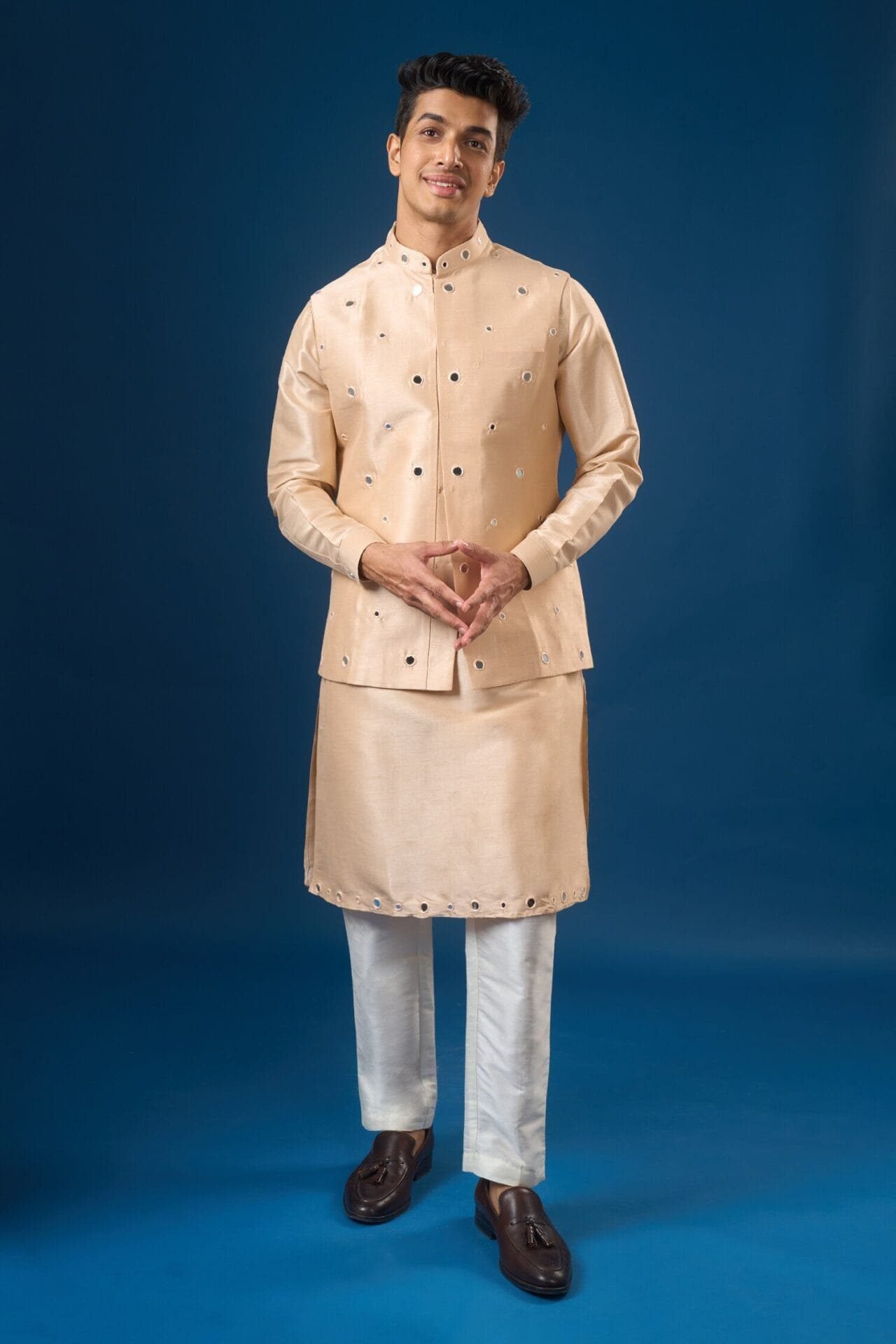Peach Mirror Embroidered Kurta-Bund