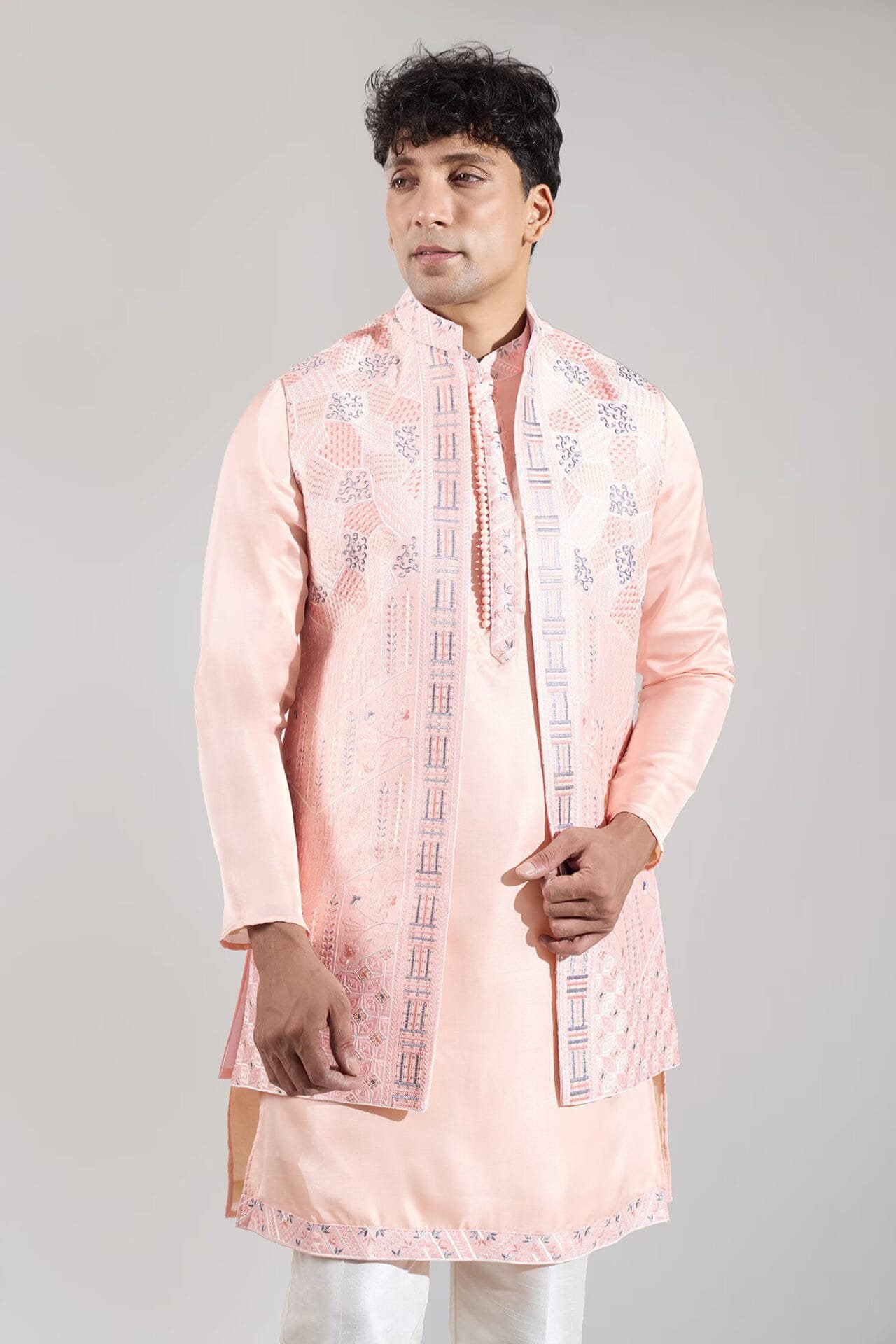 Peach Embroidered Kurta-Jacket Set