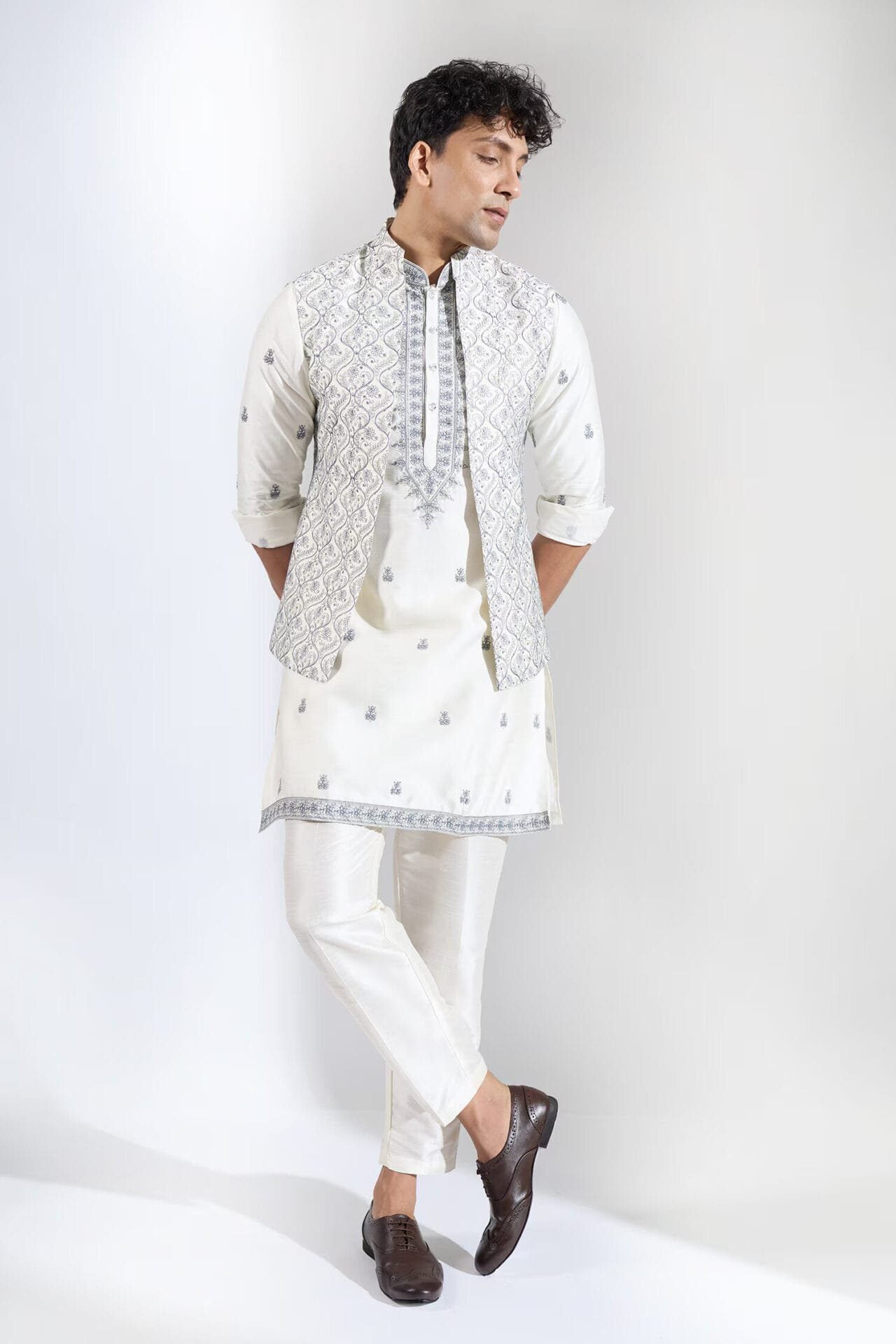 Off White Embroidered Kurta-Jacket