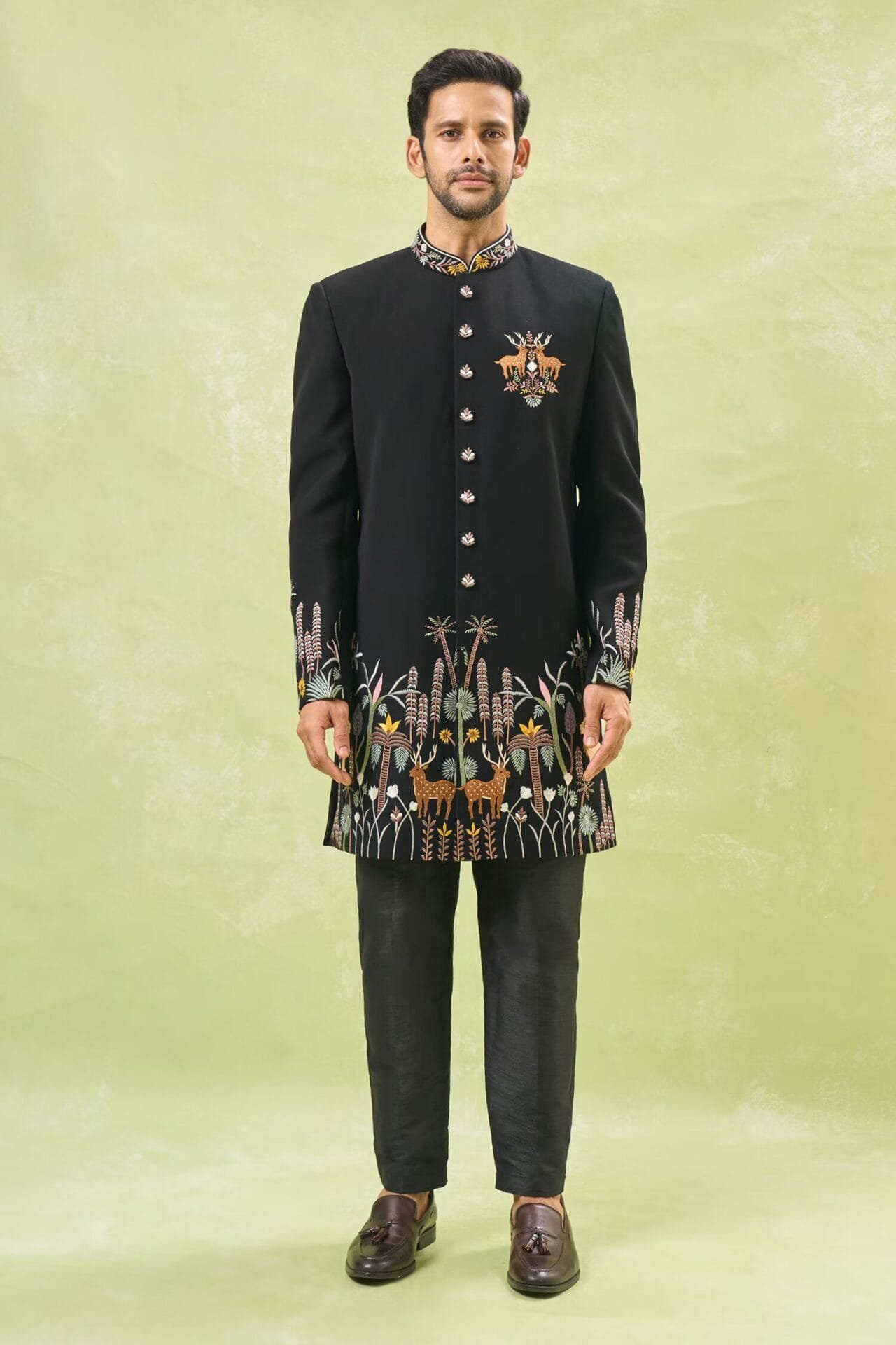 Black Wildlife Embroidered Achkan S