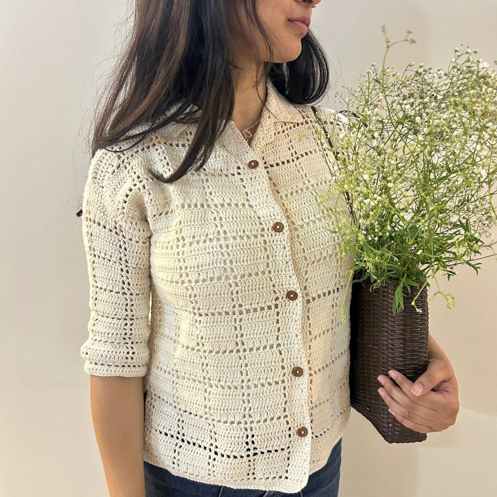 Ivory Grid Crochet Shirt