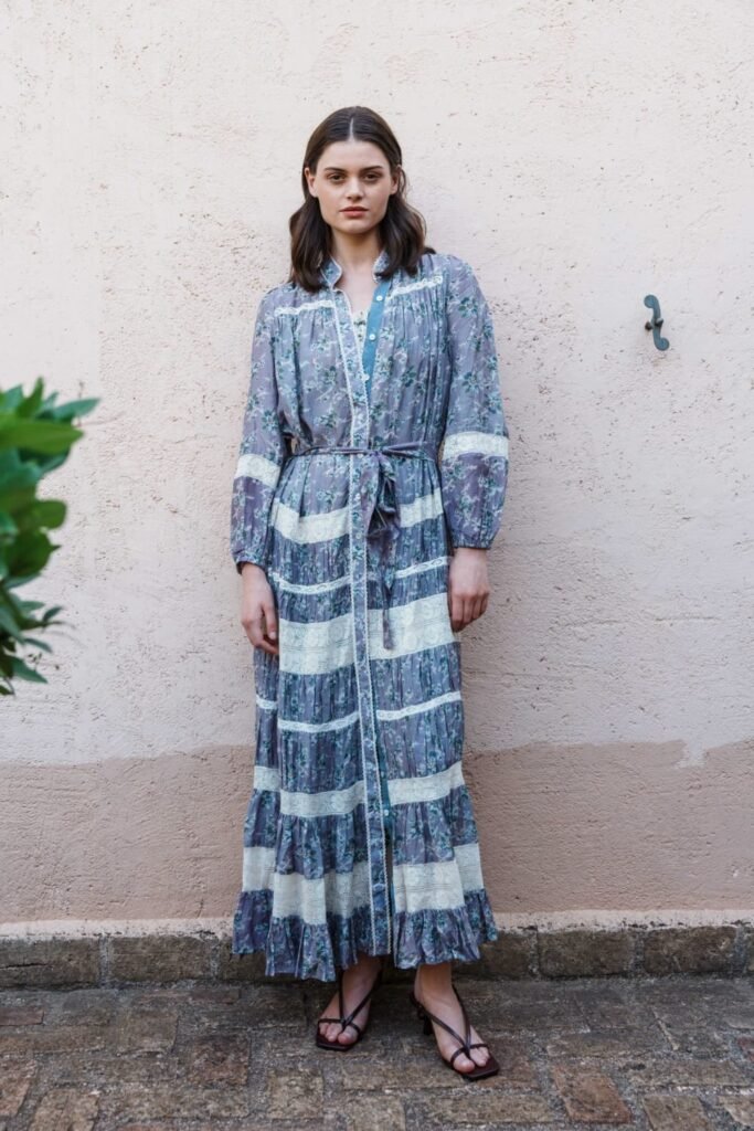 Lilac floral printed with lace inse