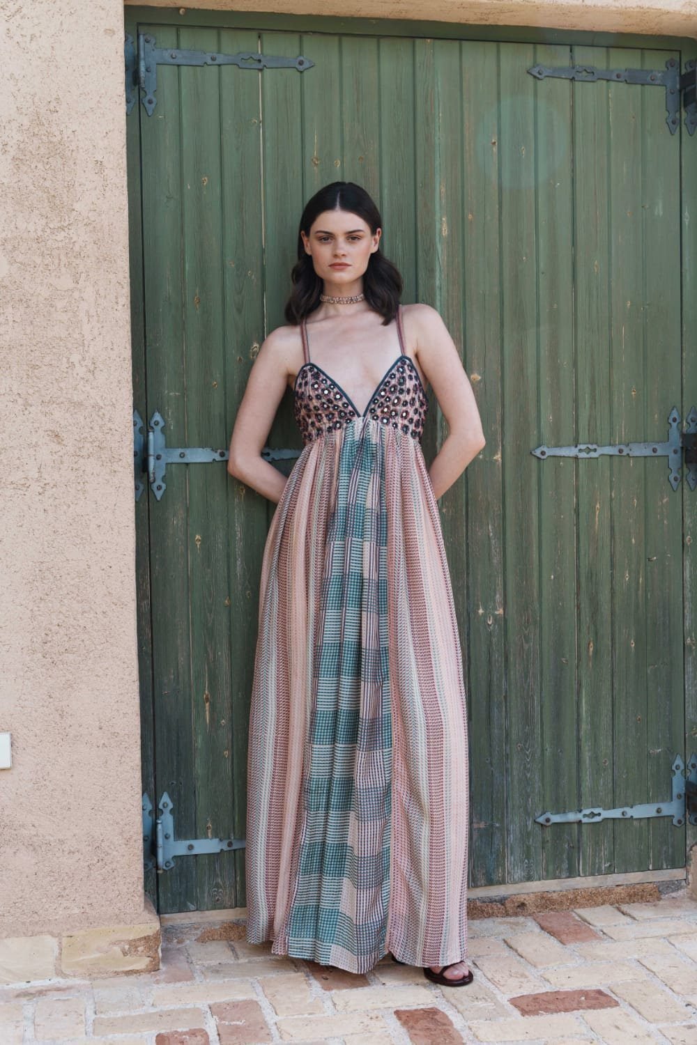 Beige multi printed maxi with mirro