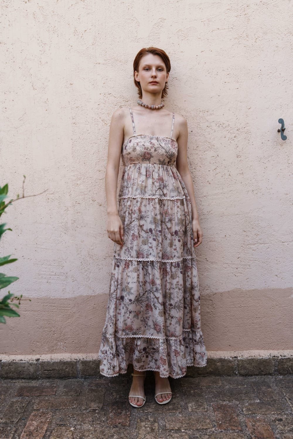 Nude chintz printed tiered midi dre