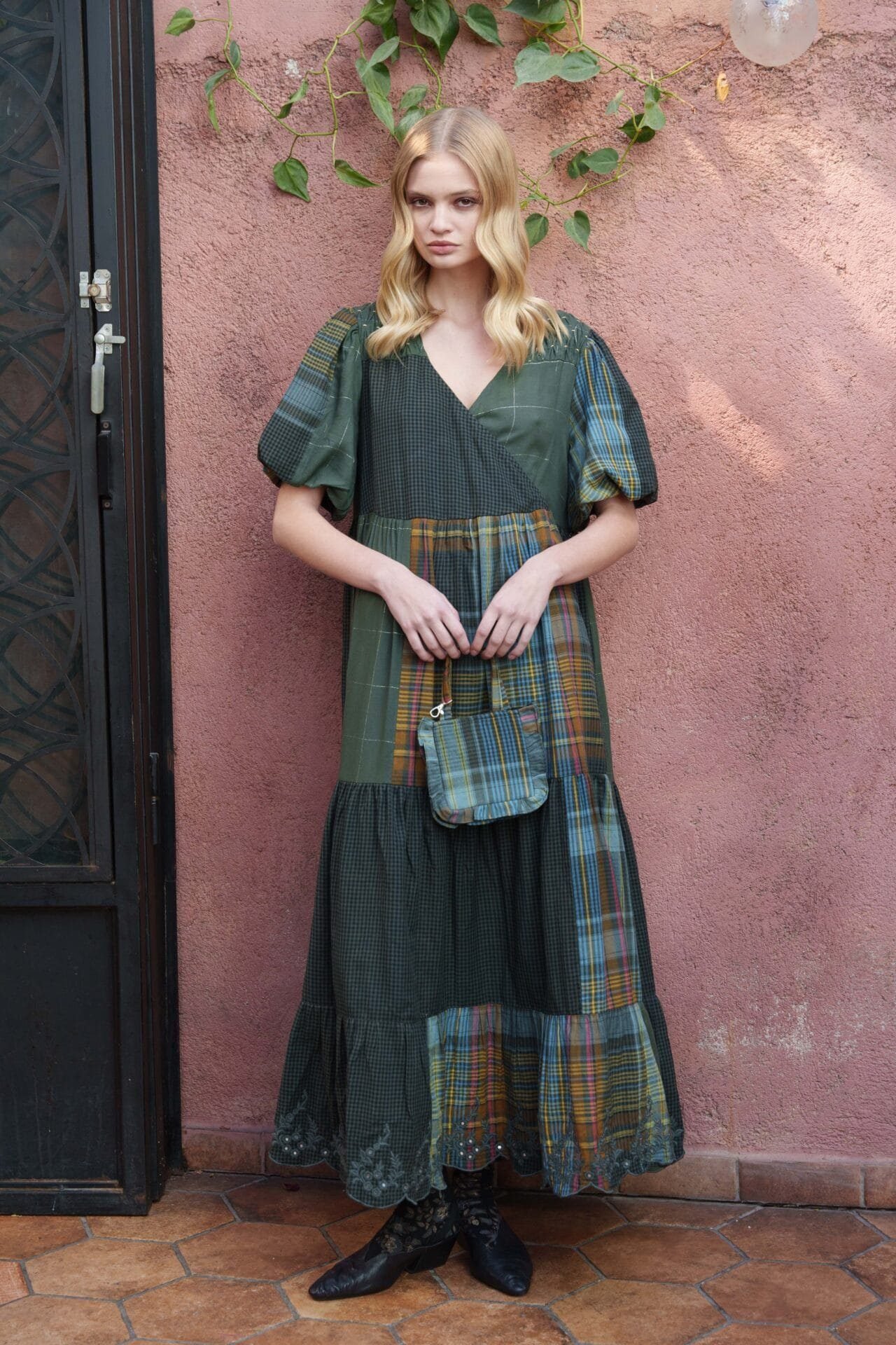 Green cotton tiered midi