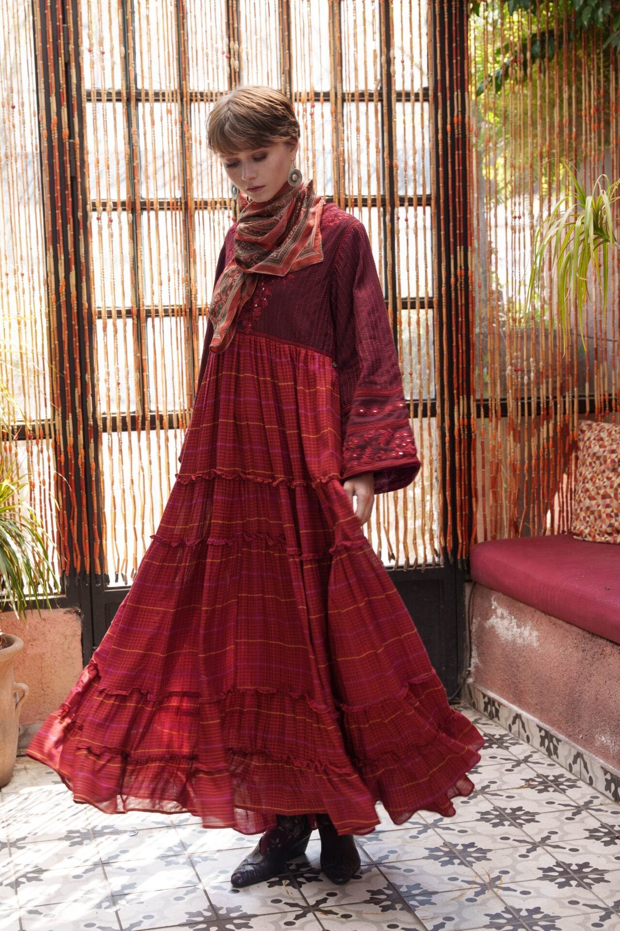 Red mirror embroidered tiered maxi