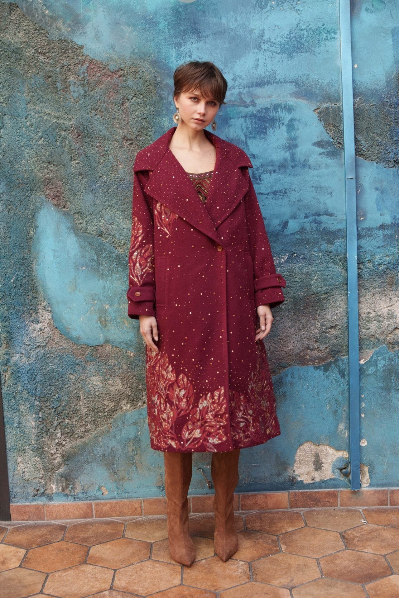 Red embroidered trench with printed