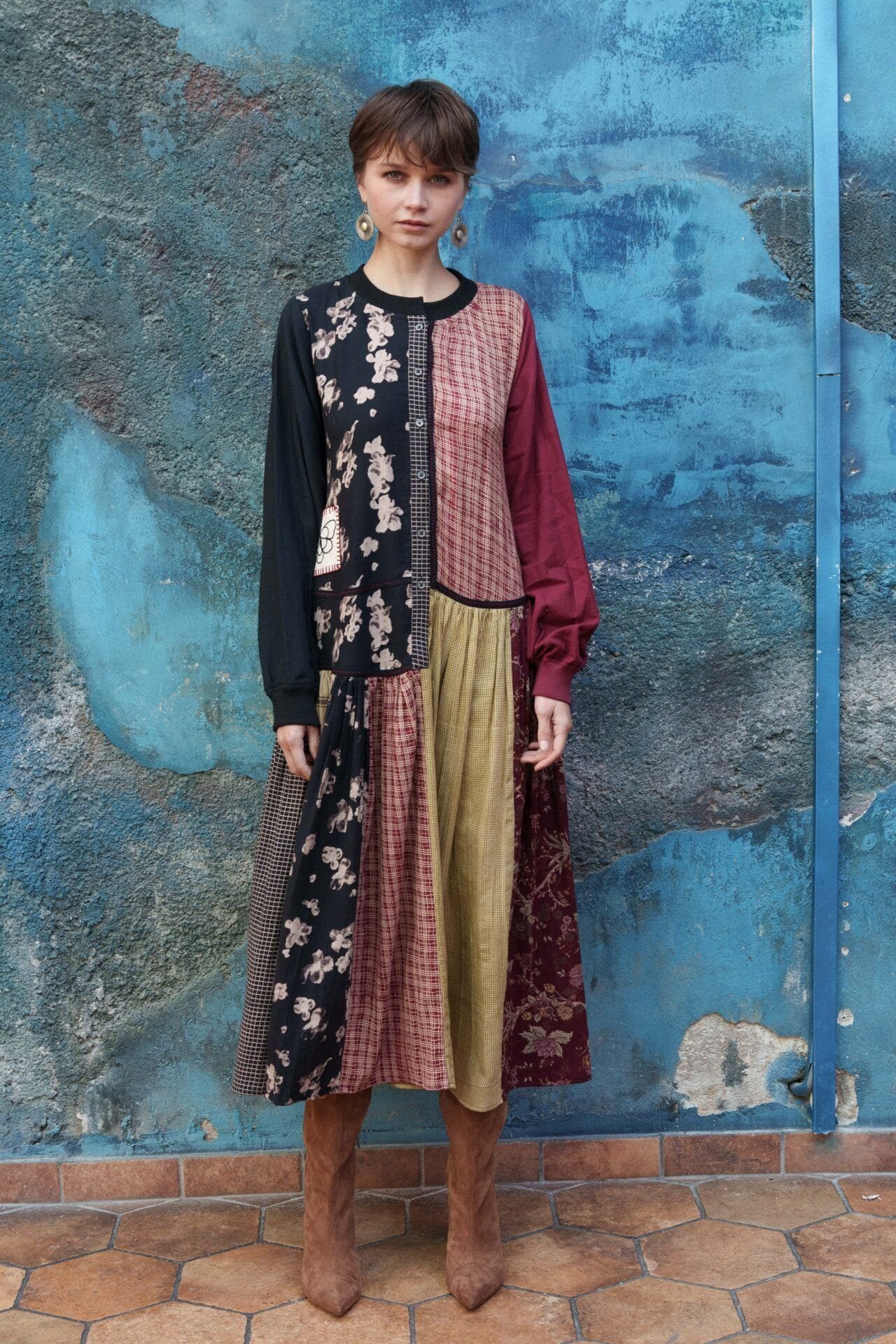 Multi color printed paneled dress w