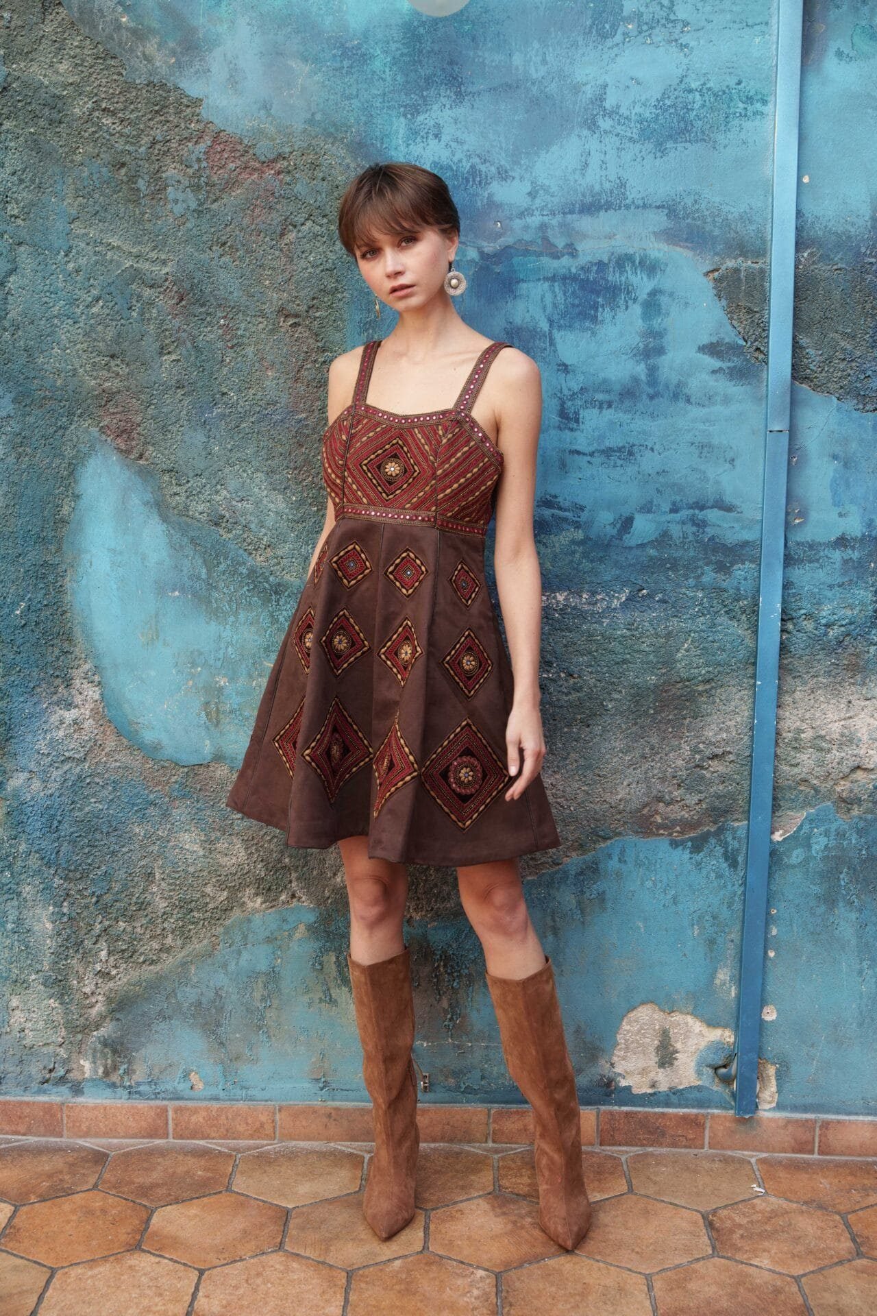 Brown suded embroidered dress