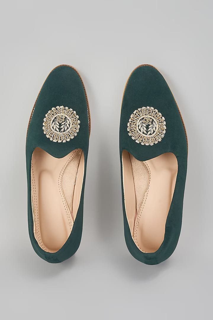 Emerald Green Embroidered Loafers